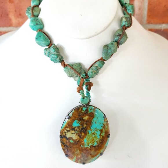 Rustic Turquoise Nugget Necklace With Large Oval Stone Pendant & Leather Cord - Picture 1 of 14